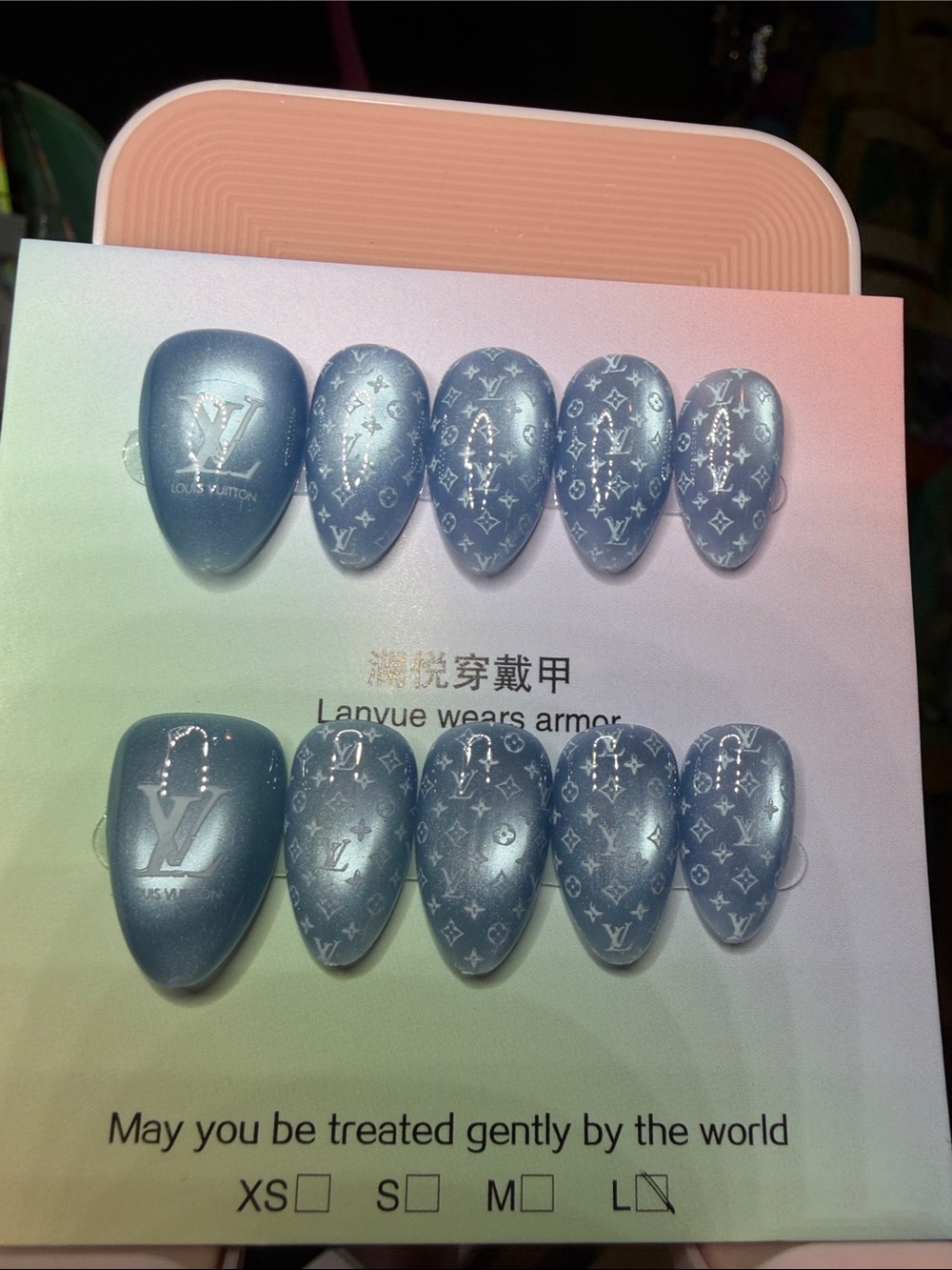 Metallic Light Blue Press-On Nail Set with Designer-Inspired Logo